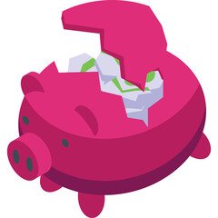 Broken Pink Piggy Bank With Money Showing Through Transparent Background