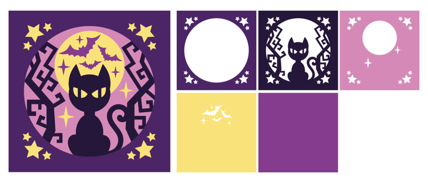 Layered paper cut Halloween design with black cat and moon. 3D shadow box or tunnel card. Vector template for paper cutting