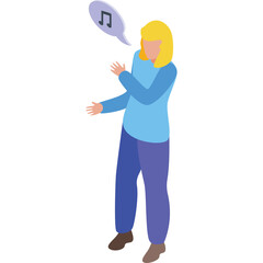 Blonde Woman in Light Blue Long Sleeve Shirt and Purple Pants Dancing and Singing with Musical Notes in a Speech Bubble