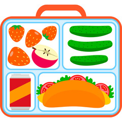 Brightly Colored Cartoon Lunchbox Filled With Healthy Food And A Soda Can Against A White Background With Transparent Background Elements