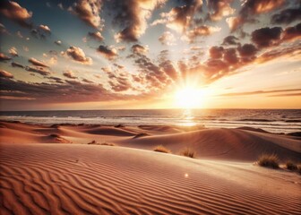 Naklejka premium Desert Sunrise Over Sand Dunes and Ocean Horizon