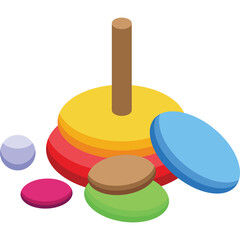 Brightly Colored Stacking Rings Toy With A Wooden Peg Center and Scattered Pieces On A White Background In Natural Lighting