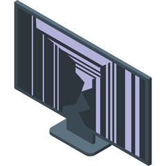 Broken Computer Monitor Display Showing Glitched Lines and Jagged Cracks on a Dark Screen with Vertical Stripes on a Transparent Background