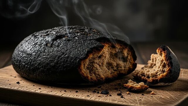 A close-up shot of a partially sliced, burnt loaf of bread on a wooden cutting board with smoke