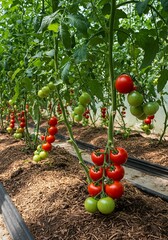 Vibrant Red and Green Tomatoes Ripening on Vines in a Lush Greenhouse Environment.