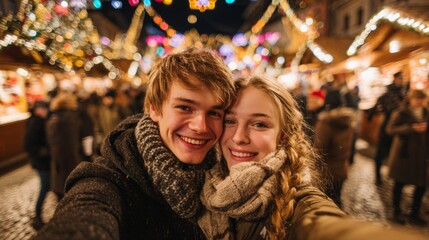 Couple taking a selfie on a street with Christmas decorations at night