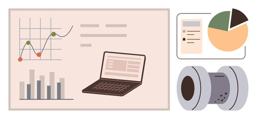 Bar graph, line chart, pie chart, analysis data on laptop, electric coil. Ideal for technology, business, analytics productivity research electrical engineering innovation. Simple flat metaphor