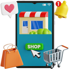 3D icon pack featuring online shopping theme with smartphone, cursor, bags, trolley, notification bell, storefront building, and chat heart symbols for modern e-commerce visuals.