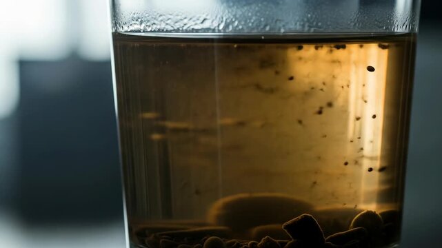 A close-up shot of a glass filled with brownish liquid, possibly tea, with sediment