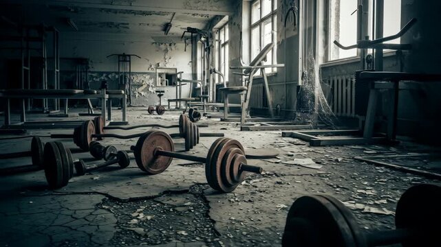 A derelict gym, with broken weights, peeling paint, and abandoned equipment bathed in dim light