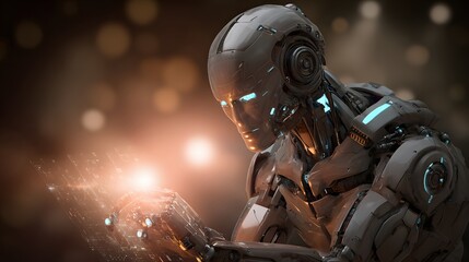 Advanced humanoid machine interacting with a glowing energy source held in its metallic hand