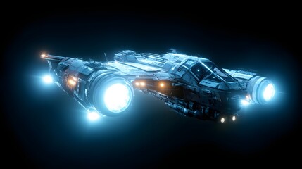 Detailed futuristic spacecraft glows brightly while traveling through dark space
