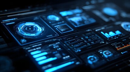 Advanced digital interface displays a complex array of glowing blue analytical data visualizations