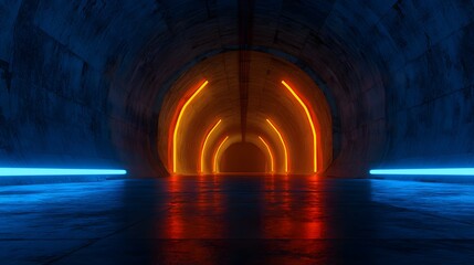 Naklejka premium Concrete tunnel interior illuminated by contrasting neon strip lighting creating depth and reflection