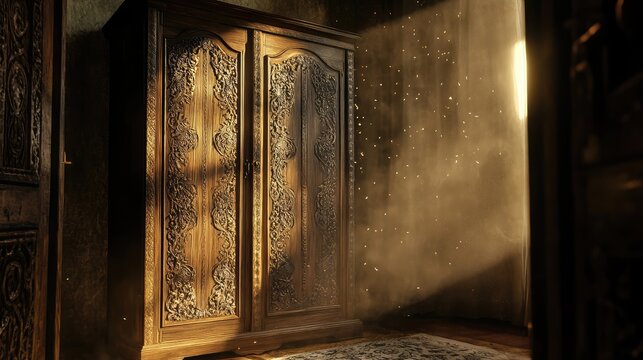 A large wooden cabinet with a door is in a room - Powered by Adobe