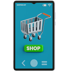 Professionally rendered 3D icon pack of smartphones with shopping apps, perfect for e-commerce, online stores, and mobile shopping visuals.