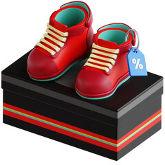 Professionally rendered 3D icon pack of sneakers with discount tags, perfect for e-commerce, fashion sales, and online shopping visuals.