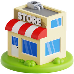Professionally rendered 3D icon pack of storefronts, ideal for e-commerce, online stores, retail business, and digital shopping visuals.