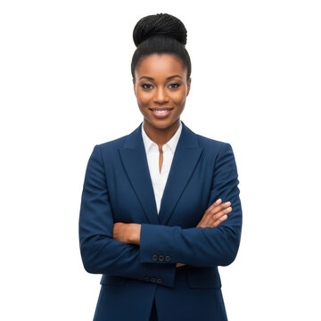A confident african american businesswoman in a navy blue suit with her arms crossed, smiling and looking at the camera, isolated on transparent background