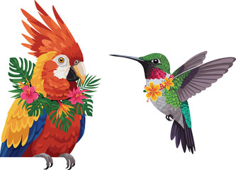 Obraz premium Colorful tropical parrot and hummingbird illustration, exotic bird artwork, floral jungle theme, tropical wildlife art, vibrant nature design, exotic fauna