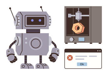 Fototapeta premium Robot next to 3D printer crafting an object, accompanied by an error message window. Ideal for innovation, robotics, 3D printing, artificial intelligence, troubleshooting, tech development