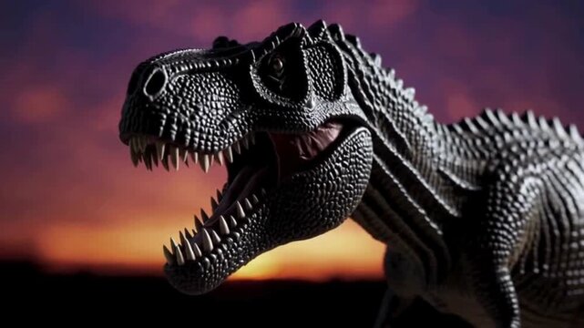 Dramatic Dinosaur Model Roaring Against Sunset Sky