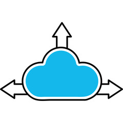 Blue cloud icon with directional arrows indicating data transfer and connectivity on a white background