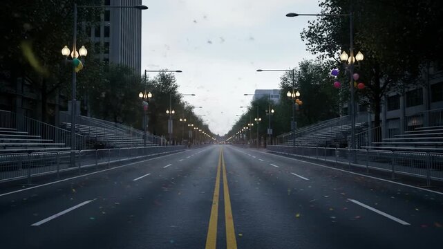 Long city street with yellow lines, streetlights and buildings, with some scattered confetti and balloons