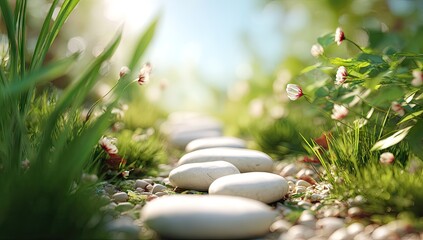 A serene garden path lined with smooth white stones and delicate wildflowers.