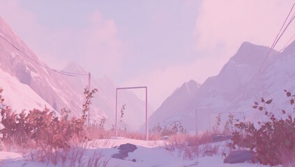 Ethereal mountainous landscape with pastel hues and abstract geometric shapes.