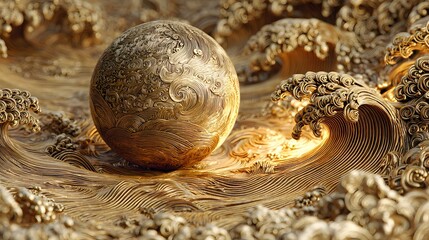 Intricately detailed golden sphere rests amidst stylized ocean waves rendered in metallic relief.