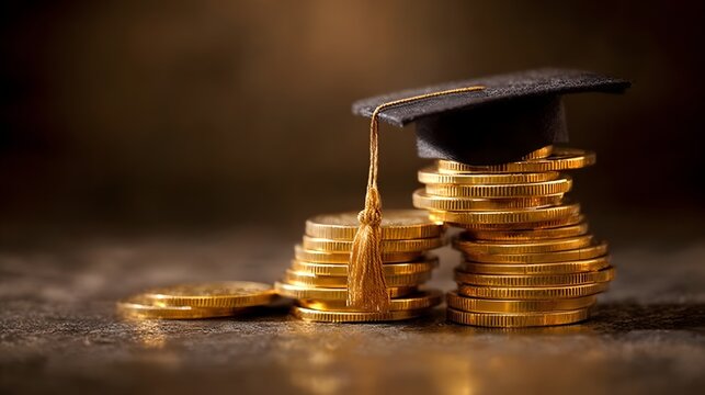 Stacks of gleaming metallic currency coins support an academic mortarboard cap with tassel