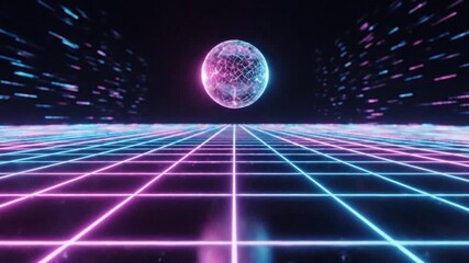 Neon Sphere Bouncing on Retro Futuristic Grid - Powered by Adobe