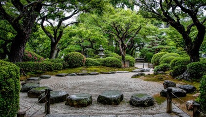 Serene garden features raked sand, mossy stones, and lush greenery.