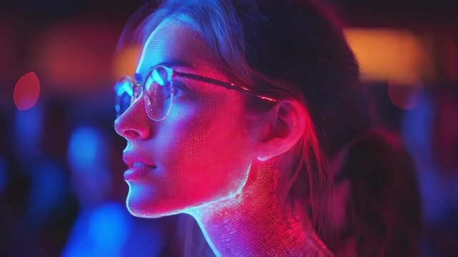 Woman with eyeglasses and pixelated face under vibrant neon lighting