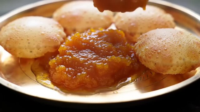 Indian food dish with puri and halwa.