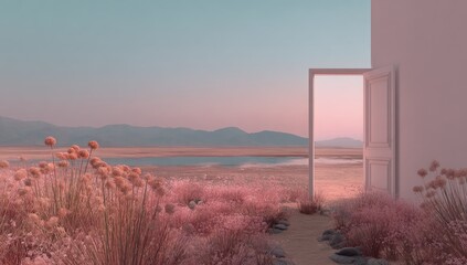 An open doorway reveals a serene landscape with pink flora.