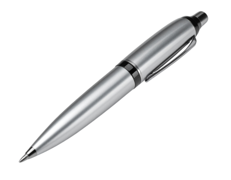 Silver Ballpoint Pen with Stylus Tip, Front Diagonal Angle, isolated on transparent background