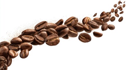 Naklejka premium Flying roasted coffee beans arranged in a natural falling arc, crisp edges with floating depth, clean white background, ideal for coffee brand visuals or web headers