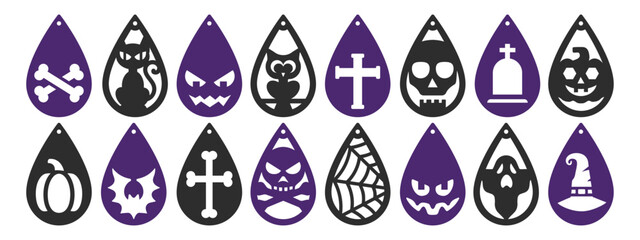 Halloween teardrop designs for earrings, pendant or keychain. Spooky jewelry templates. Laser cut with leather, wood or metal. Vector stencils of hanging bijouterie. Jewellery silhouette for cutting
