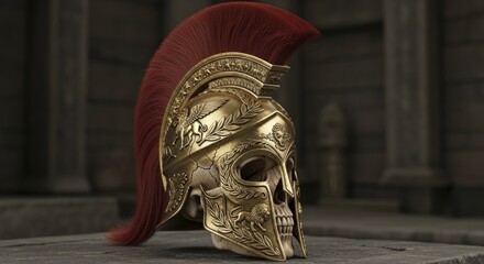 Ornate Golden Spartan Helmet with Skull and Red Plume, Adorned with Mythical Beasts, Resting on Ancient Stone in a Historical Setting