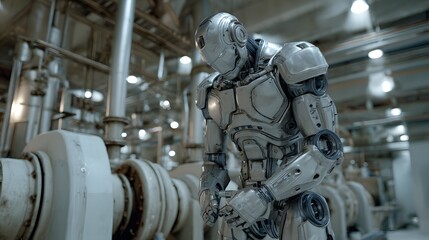 Fototapeta premium Advanced humanoid automaton stands dejectedly within a large industrial machinery environment