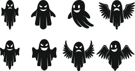 Spooky Black Ghost Icon Set: Collection of Frightening and Friendly Halloween Spirits with Various Faces, Expressions, and Wing Designs for Scary Decorations, Vector Graphic Clipart