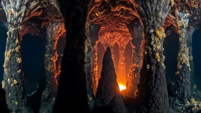 Illuminated cavern structure features arched passageways with textured columns and a brilliant golden light