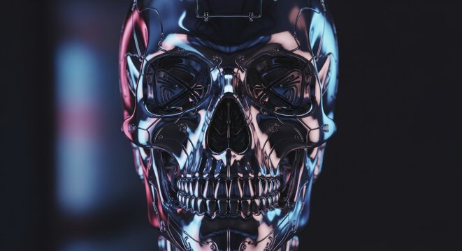 Futuristic Metallic Skull with Cyberpunk Neon Reflections - A Digital Sci-Fi Art Piece