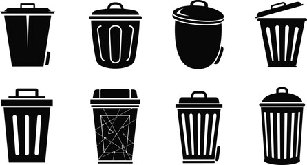 Trash bin icon collection, waste management design, recycling container symbol set in black silhouette style for environmental and cleaning concepts