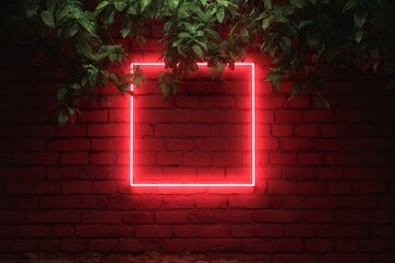 Red neon square on brick wall with foliage