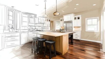 Contemporary kitchen design rendering shows transition from preliminary sketch to finished visualization