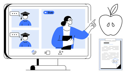 Teacher interacting in virtual class session on screen with two students. Includes live-streaming, graduation cap, document, and apple. Ideal for education, e-learning, remote work, knowledge