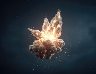 Fiery explosion erupts with incandescent fragments and smoke.